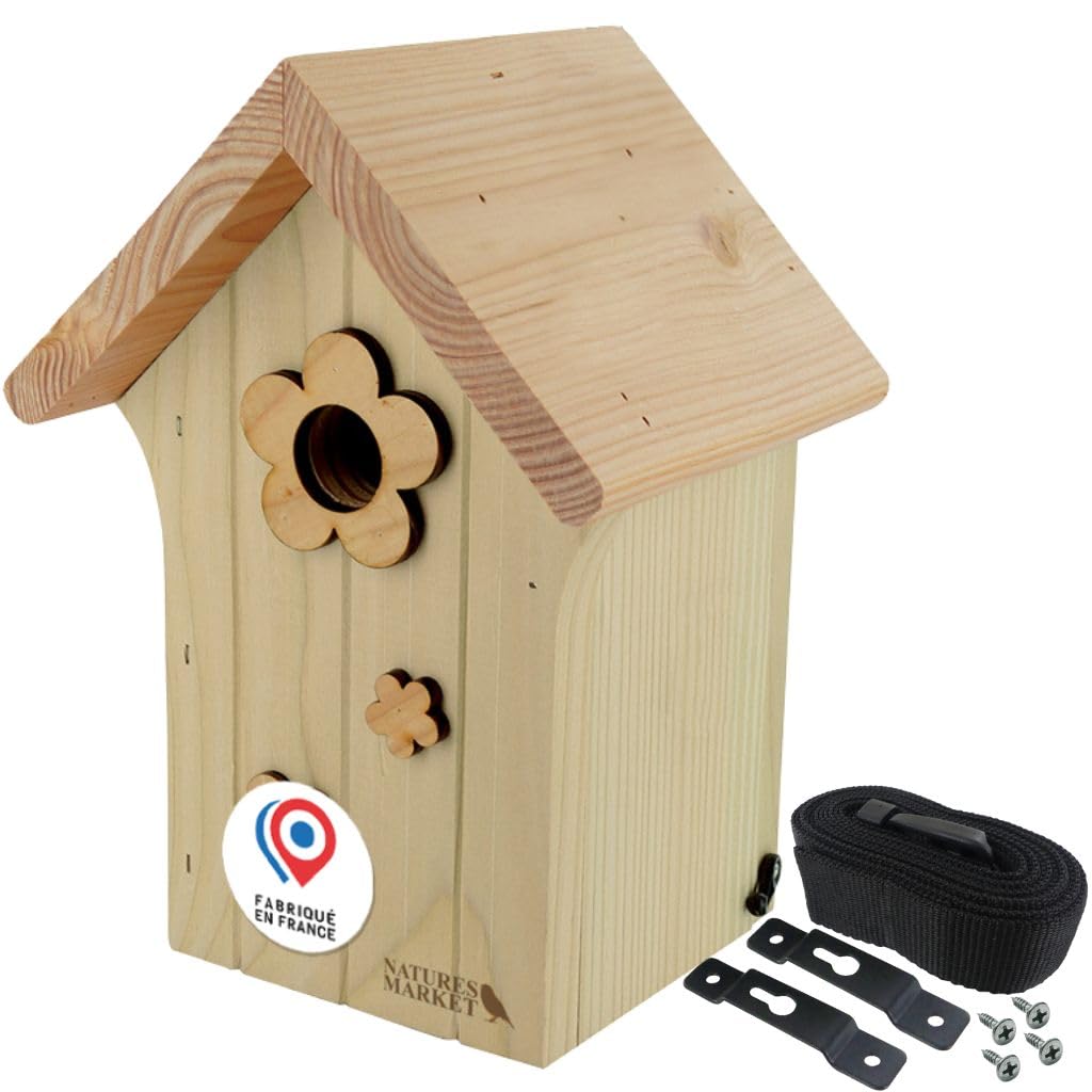 Nichoir mésange bleue en bois avec sangle pour arbre de jardin