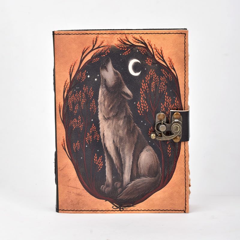 RusticVintage Handmade Wolf Print Leather Journal Diary with Rustic Lock for Men and Women | Size - 7 X 5 inch (200 Pages)