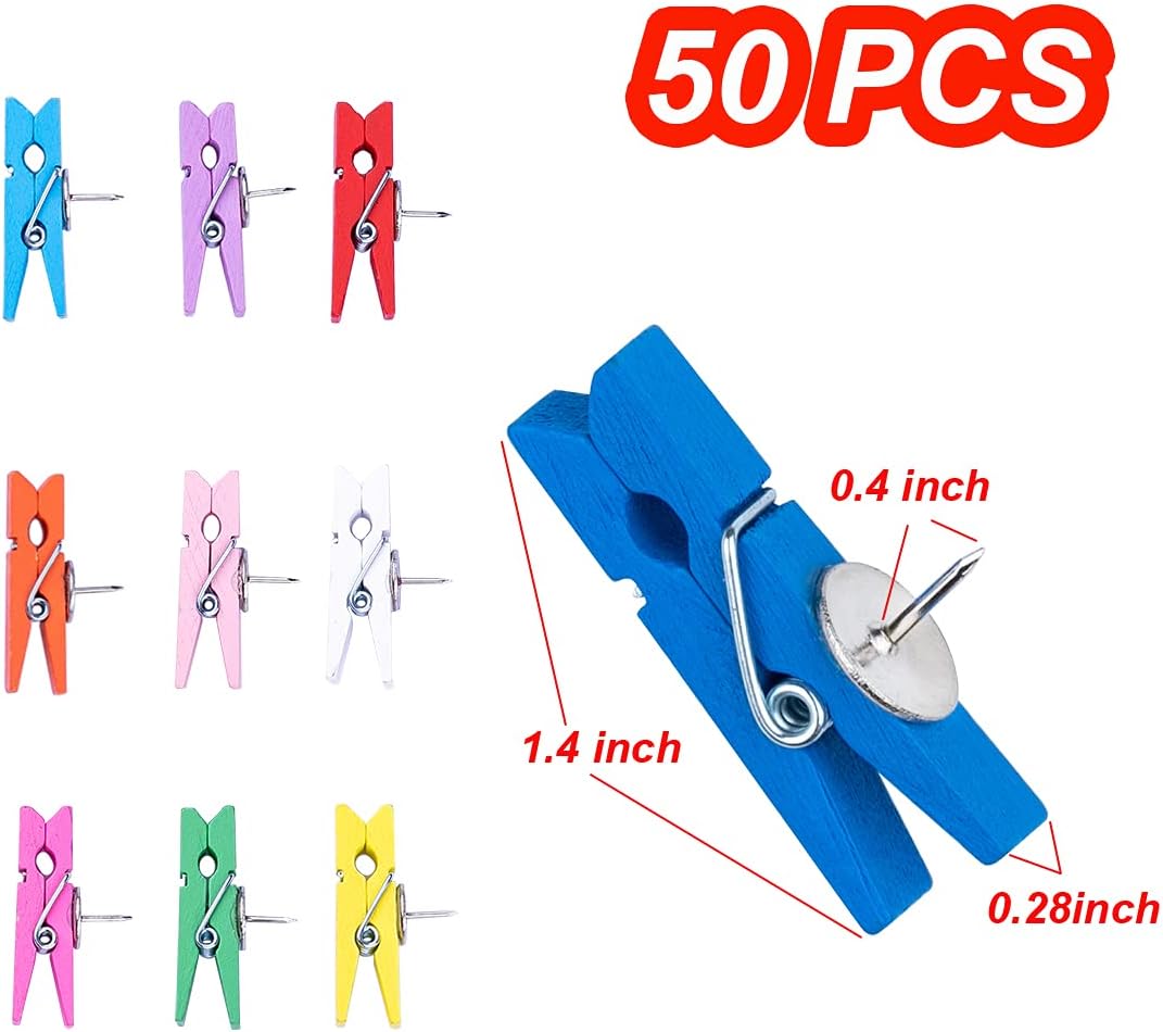 Push Pin Clips for Cork Board, 50 Pcs Colorful Push Pins with Wooden Clips Decorative Assorted Colors Thumbtack Pushpins Tacks for Bulletin Board Decorations, Artworks, Notes, Photos, Office and Home : Everything Else