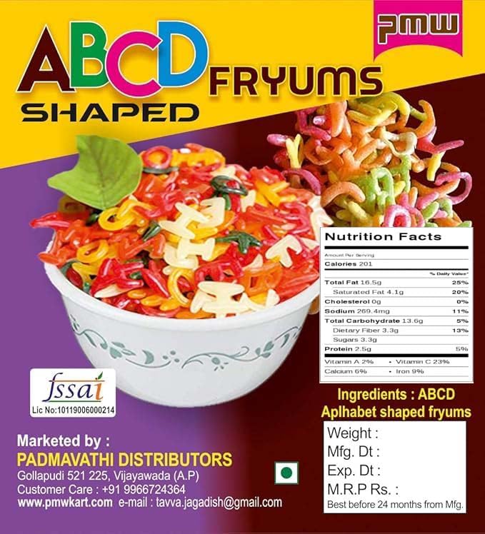 Grade A Quality - Multi Coloured Alphabet Snacks - Multi Coloured Fryums - Raw - Vadiyalu - 500 Grams - Free 15 Gram Fryums Masala Powder
