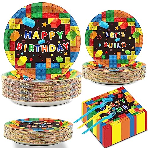200 Pcs Building Blocks Birthday Party Supplies Paper Plates Napkins Colorful Blocks Party Birthday Decorations Favors for Kids Bricks Serves 50