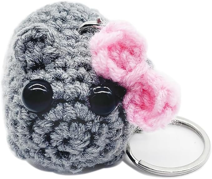 DoralerSad Hamster Meme Keychain W Sound,Sad Hamster Keychain,Cute Keychain,Bag Charm,Crochet Plush Sad Hamster Meme with Bow Key Rings Chains Hamster Handmade Gifts Decor