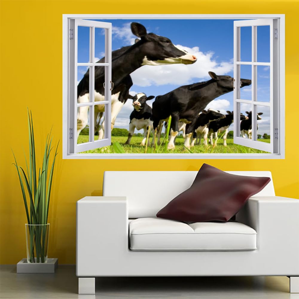 Pegatinas De Pared Murales Calcomanías, Vaca Lechera Tatuaje De Pared 3D Roto, Cielo Azul Y Nubes Blancas. Vinilo De Pared Para Decoración De Arte Del Hogar, Decoración De Habitación De Niños 120x80cm
