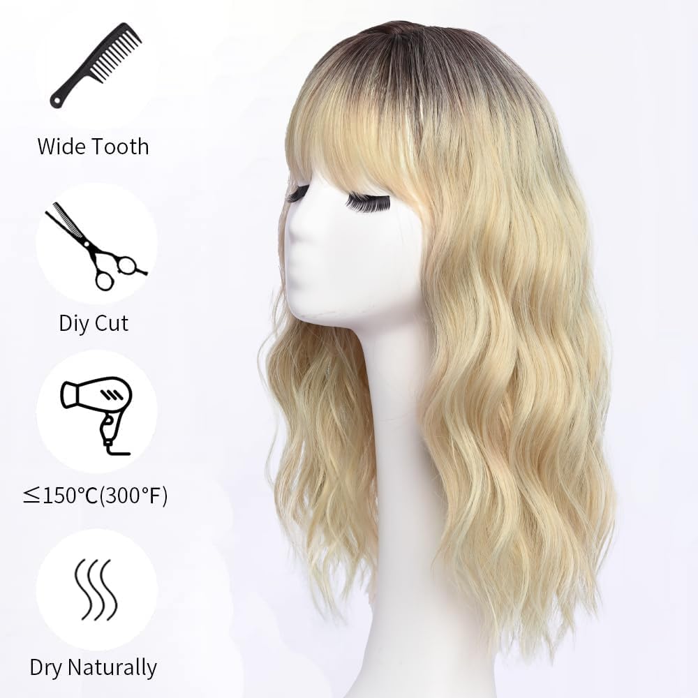 SIMKAYLEE Parrucca lunga bionda con frangia per donna, parrucca di lunghezza media con radice scura, per donna, capelli lunghi ondulati naturali con sfumature, resistente al calore, per feste