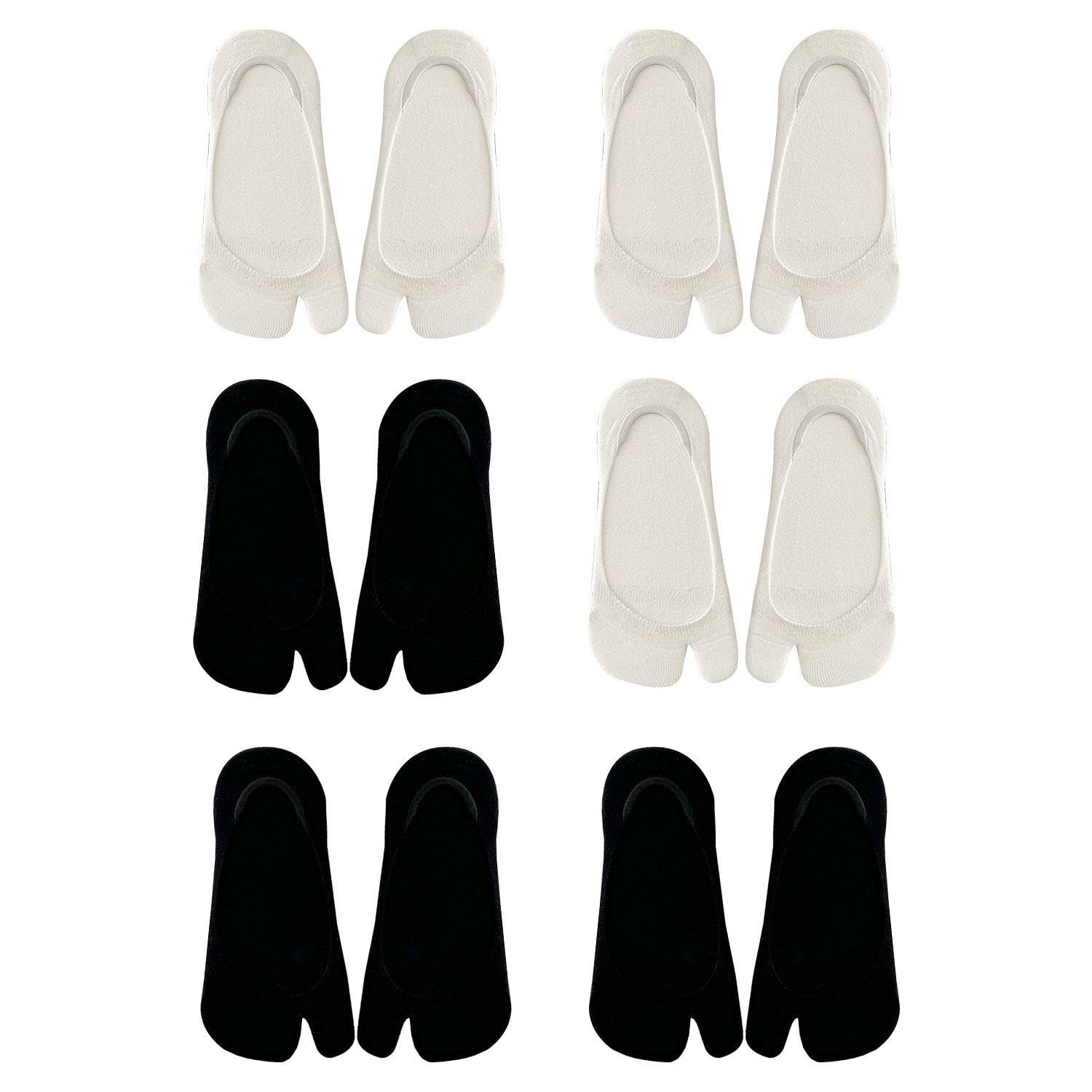 6 Pairs Of Thin Two-Toed Socks, Split-Toed Design Socks, Non-Slip Flip-Flops Supplies, Women'S Summer Thin Boat Supplies (Black, White).