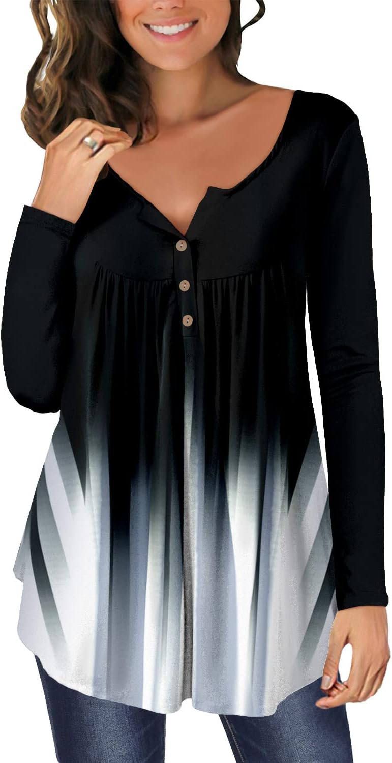 CHICZONEWomens Tunic Tops Plain Pleated V Neck Buttons Up Blouse Floral Printed Ladies Henley T-Shirt