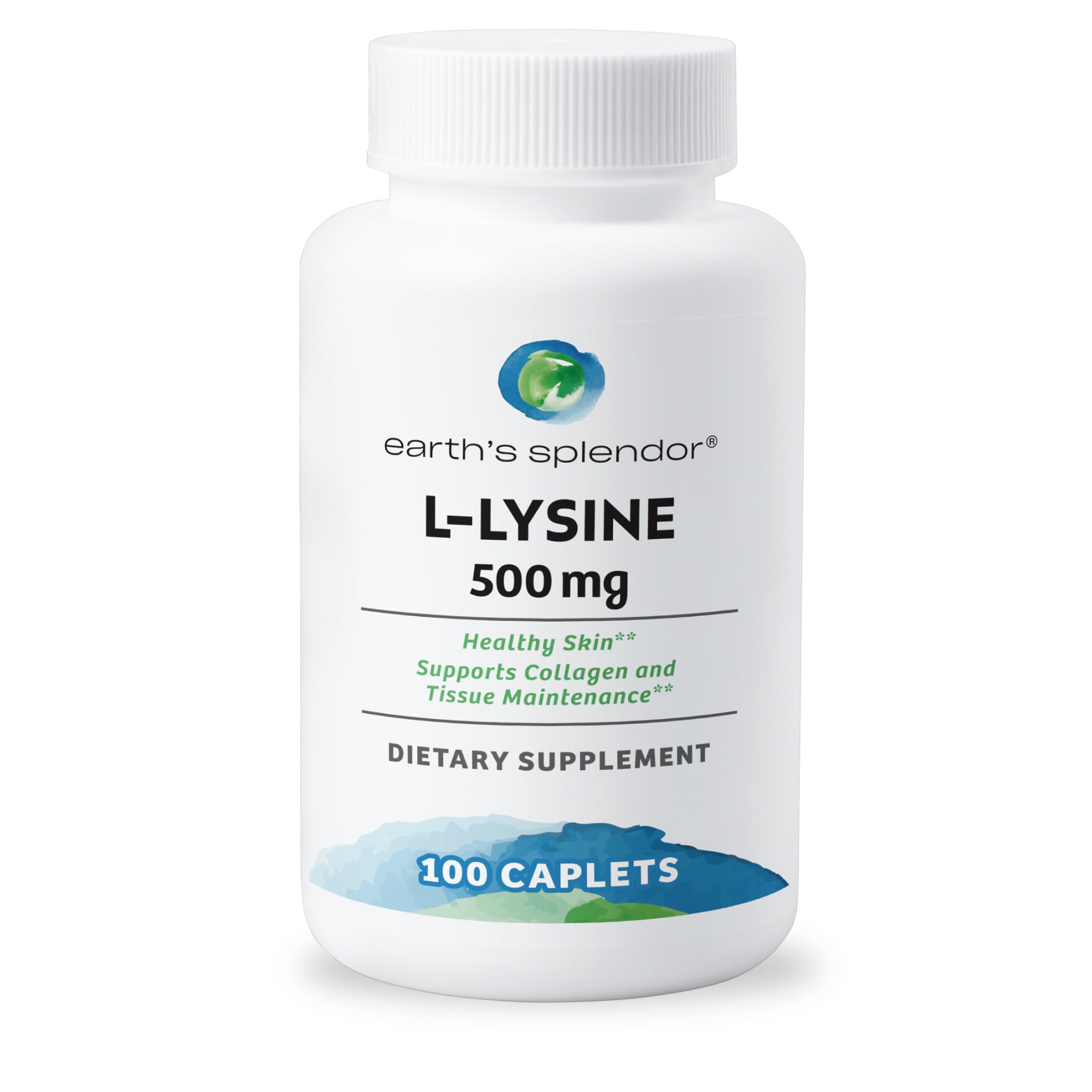 Earth's Splendor L-Lysine 500 mg Dietary Supplement for Men & Women, Supports Collagen & Tissue Maintenance (500 mg, 100 Caplets)