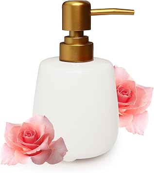 320ml/10.8oz Ceramic Soap Dispenser with Gold Pump | Elegant Refillable Liquid & Lotion Bottle for Bathroom & Kitchen Sink | Cute Round Foot Design White