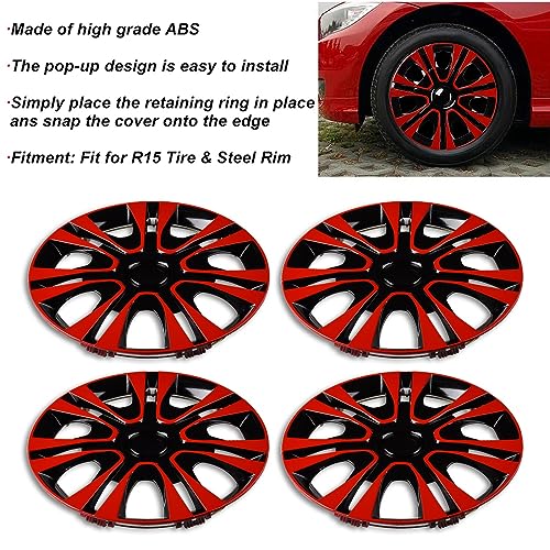 Image of Red Hubcap Wheel Cover Replacement Kit 15 inch Hub Caps Wheel Rim Cover Car Exterior Accessories Pack of 4, 15 Inches