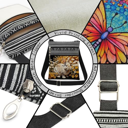 Floral Bunny Messenger Bag Small Ethnic Pattern Printed Adjustable Strap Crossbody Zipper Pouch Floral Bunny Phone Organizer Wallet Cute Shoulder Handbag for Women-34