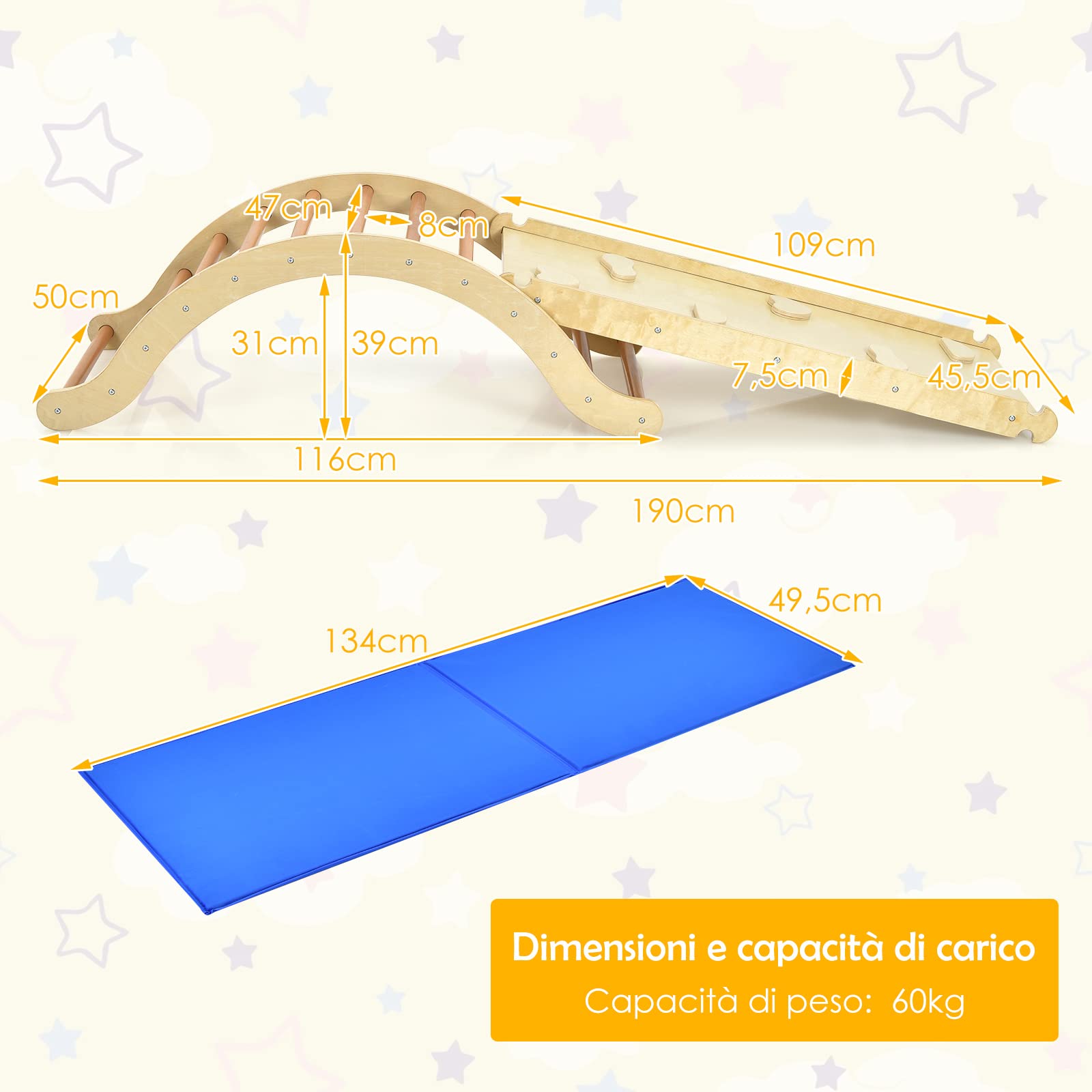 COSTWAY 4 in 1 Set da Arrampicata per Bambini, Scala Giochi Arrampicata con Tappetino, Scala a Volta Versatile per Arrampicarsi e Scivolare, Carico 60 kg (Naturale)