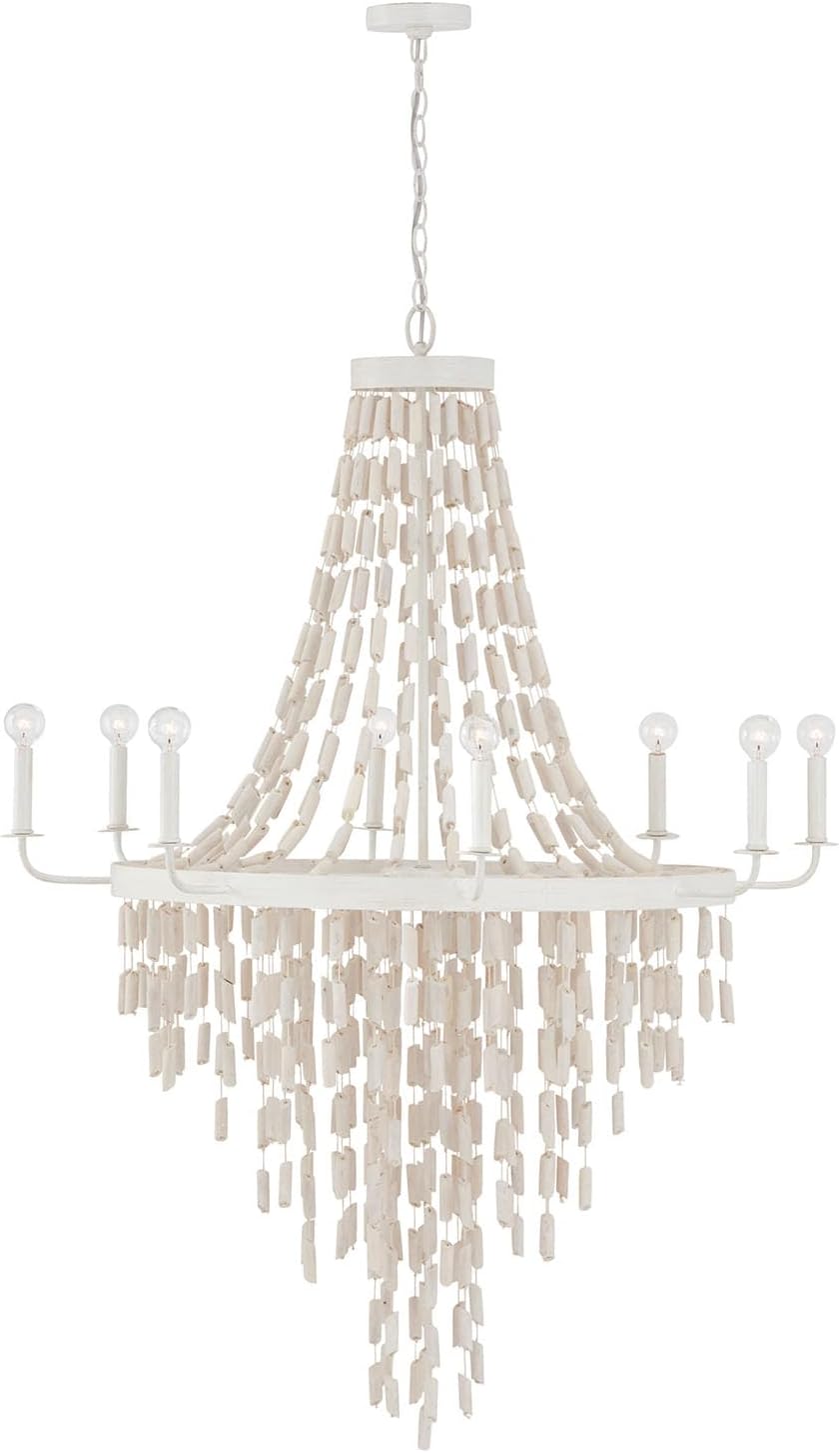 Capital Lighting 447782OW Carissa Bohemian Artisan-Crafted White-Washed Eucalyptus Wood Chandelier with Cotton Rope, 8-Light 480 Total Watts, 55" H x 41" W, Organic White