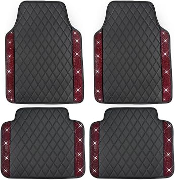 Universal Car Floor Mats,Faux Black Leather & Red Crystal Diamond Carpet | All Weather Waterproof Glitter Rhinestones Auto Liners Foot Pads Set for Girl Womans Car