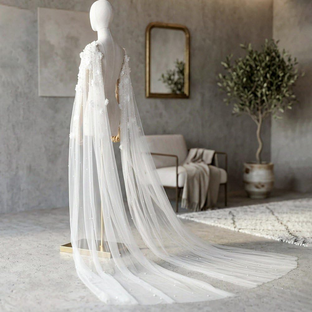 Châle De Mariage Long en Tulle À Fleurs 3D, Drapé sur Les Épaules, pour Mariée, Les Demoiselles d'honneur Les Invités. Costume De Soirée pour Mariage.