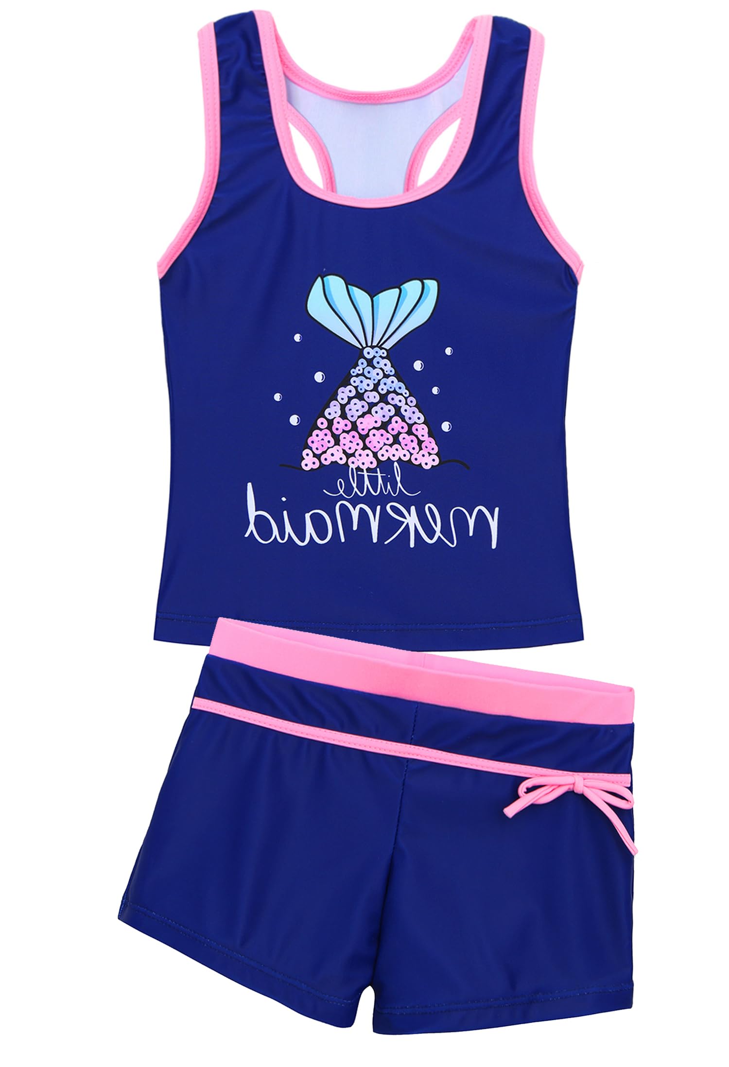 Akokvlar Girls Two Piece Bathing Suit Swimsuit Tankini Swimwear with Boyshort (6-7 Years, Navy Blue Purple Mermaid)
