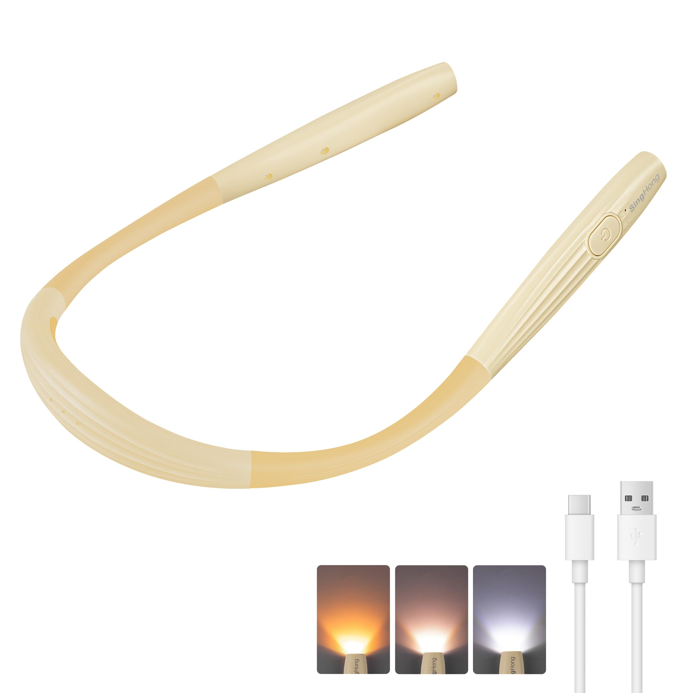 SingHong Neck Reading Light, Book Light, USB-C Rechargeable, 3 Colors & 3 Brgightness Adjustable, Auto-Off Timer, Neck Light for Reading in Bed, Long Lasting, Perfect for Repairing, Knitting