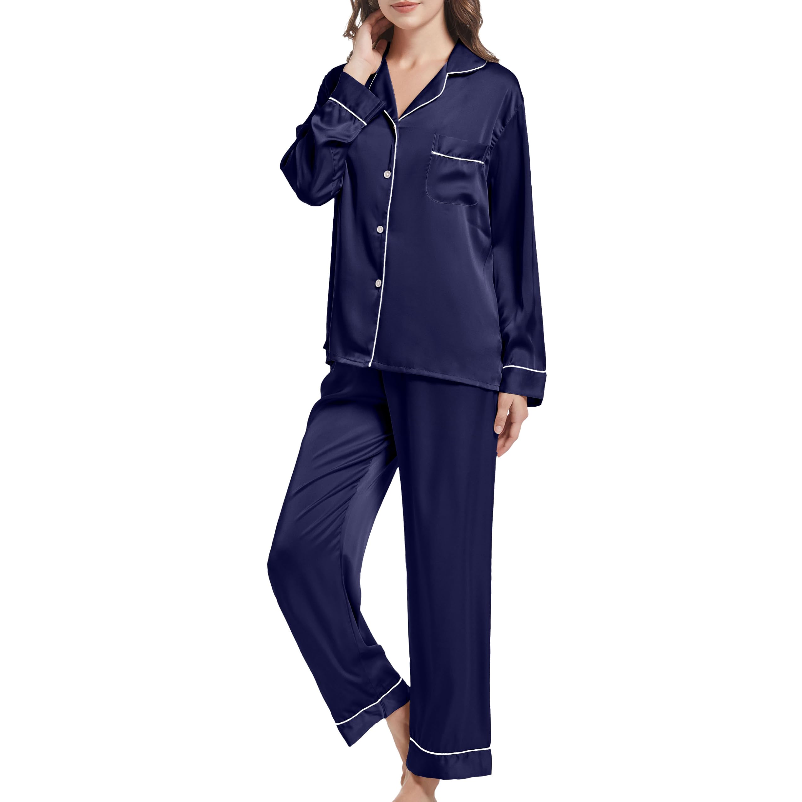 JCQIGOA Seta Donna Pigiama a Maniche Lunghe Set Pigiama Donna Lungo Set Pezzi Loungewear Pigiama da Notte Lungo Pigiama da Notte