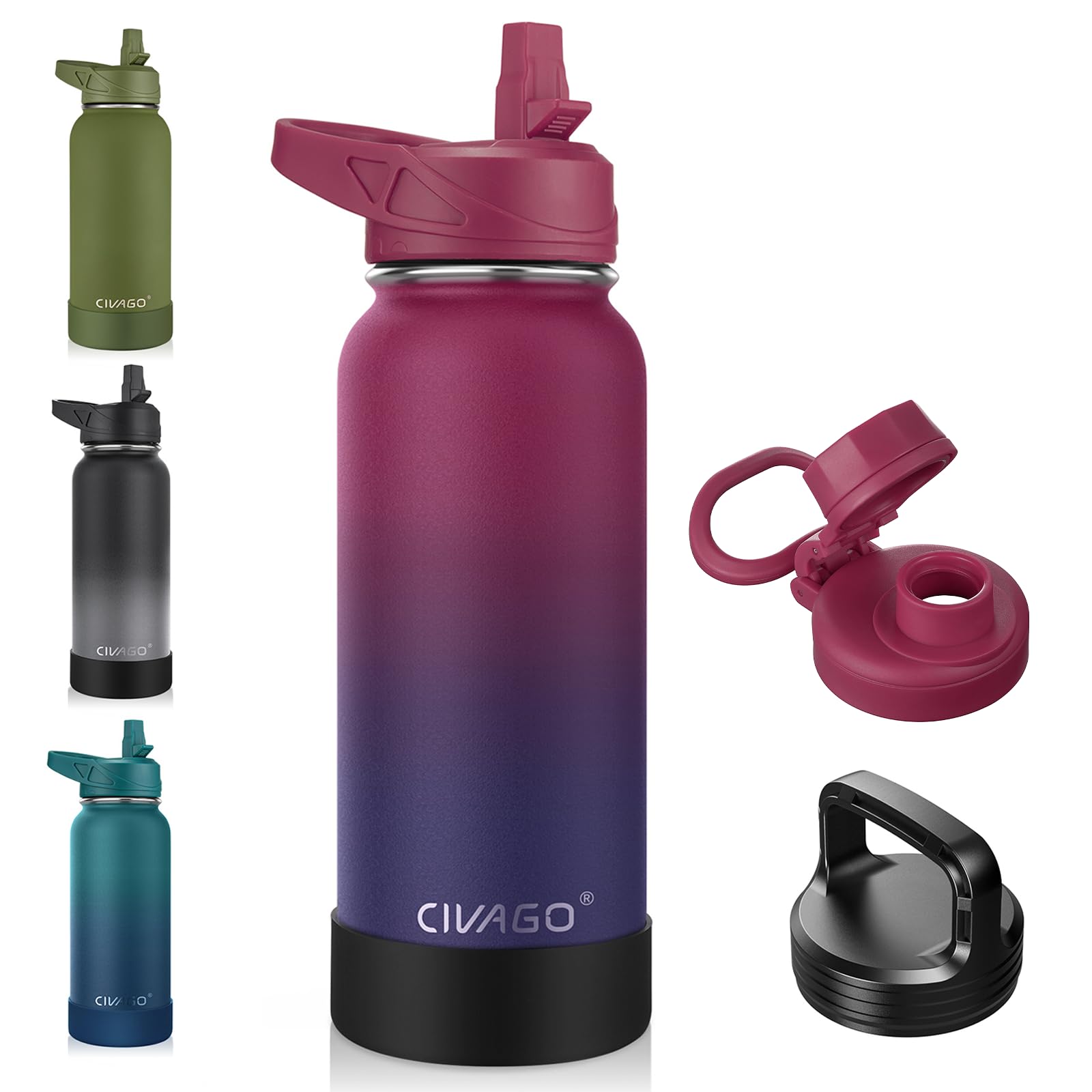CIVAGO 32 oz Insulated Stainless Steel Water Bottle With Straw and 3 Lids | Large Metal Sports Water Jug Leakproof Reusable Wide Mouth Thermal Flask Cup with Silicone Boot, BPA-Free, Dark Rainbow