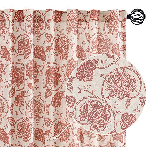 jinchan Floral Scroll Printed Linen Curtains Rod Pocket Back Tab Ikat Flax Textured Medallion Design Jacobean Floral Printed Retro Curtain Panels Red on Beige 50 by 95 Inch 2 Panels
