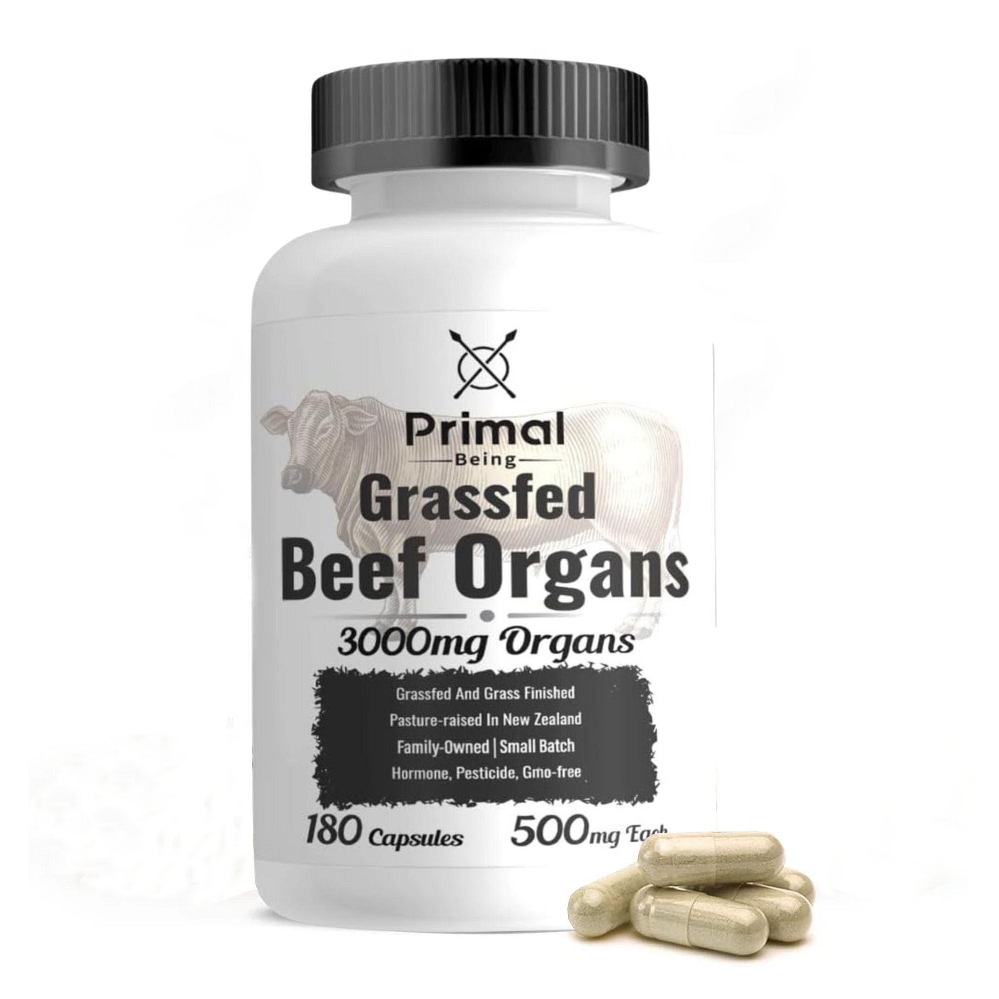 Primal Being Grassfed Beef Organ Complex - Liver, Heart, Pancreas, Spleen, & Kidney- Supports Overall Health & Performance - 180 Capsules, 3000mg per Serving