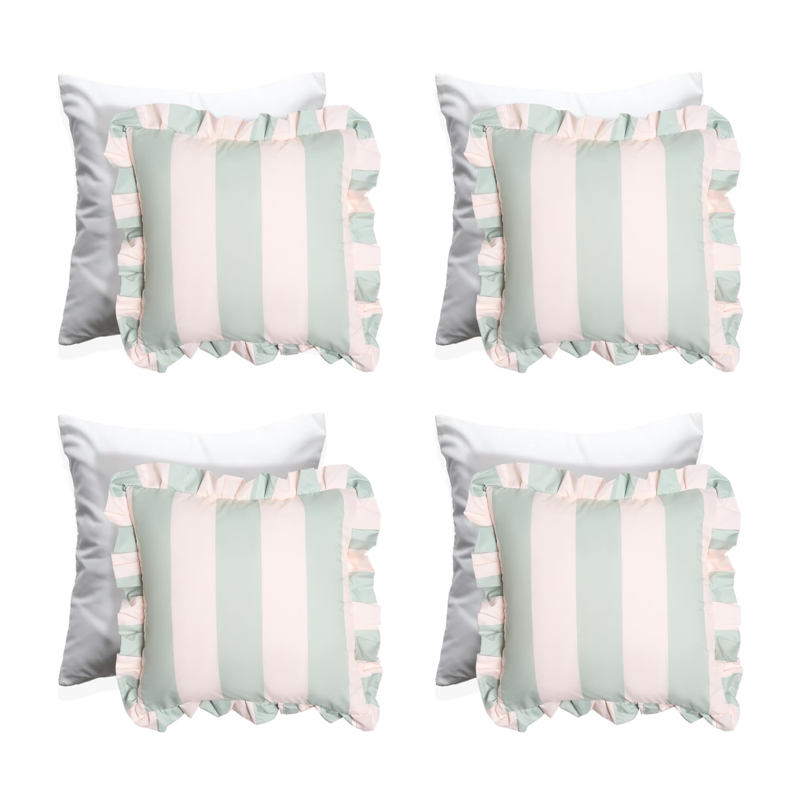 Ohs Sage And Cream - Stripe Outdoor Cushions Waterproof Filled 45 X 45Cm Set Of 4 Decorative Stripe Patio Garden Cushions With Covers Included Soft Home Decor Outdoor Bench Cushion With Invisible Zipper, Sage/Cream