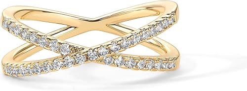Miniatura 3 de PAVOI - Anillo en X chapado en oro de 14 quilates con diamantes de imitación de circonita, anillo cruzado para mujer