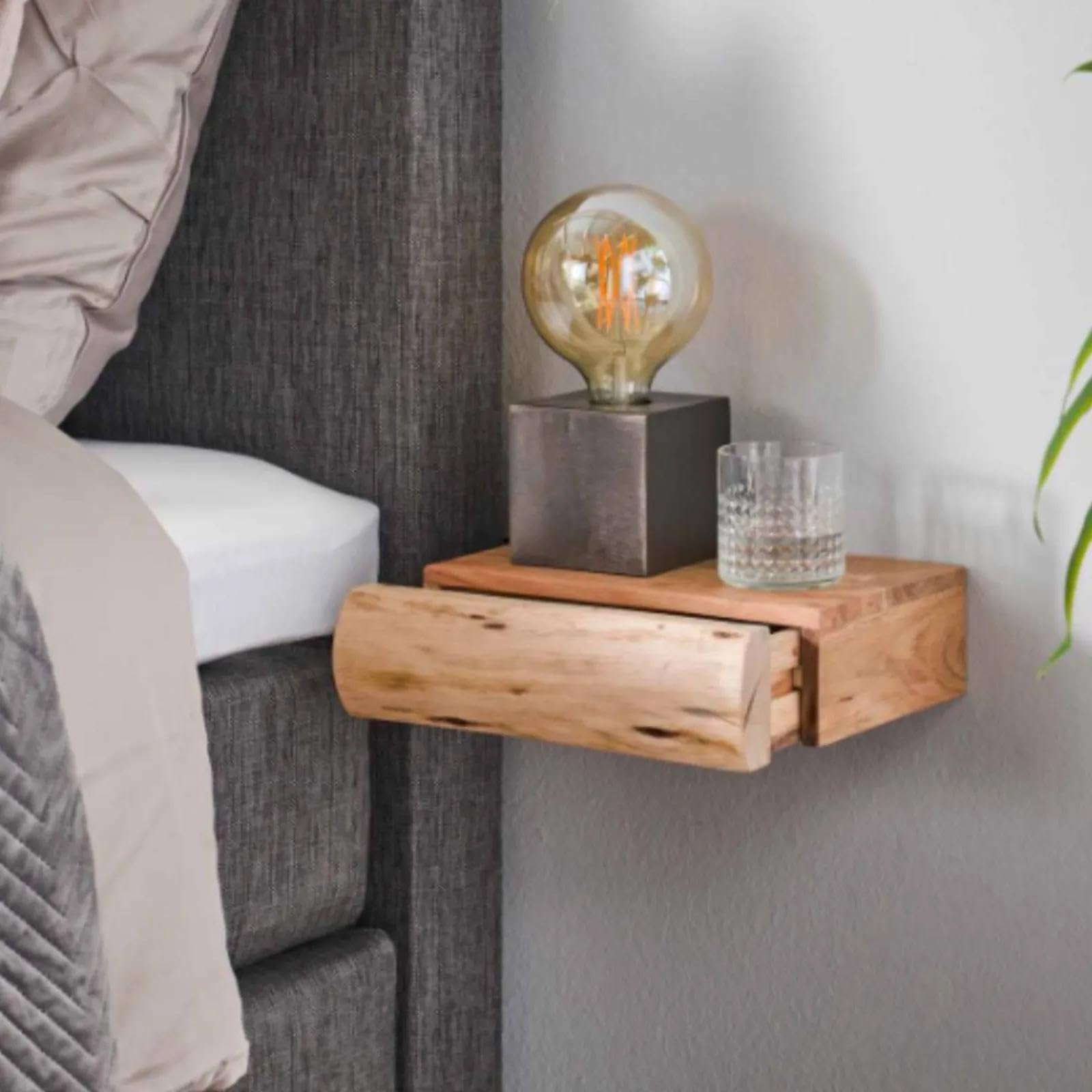RINGO-Living Massivholz Nachttisch Set Mit Ablage & Schublade, 300mm, 2er Set, Schwebend Stauraum Industrial Style, Nachtschrank, Kleiner Industrie Style, Holz Echtholz Mini