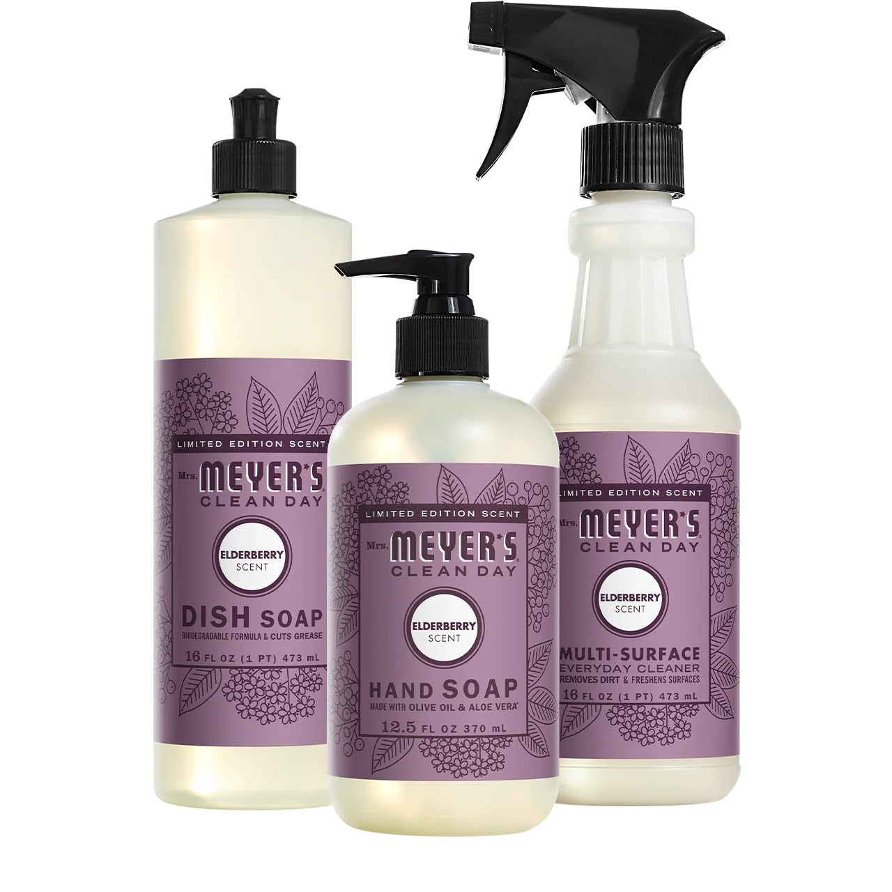 Mrs. MEYER'S Kitchen Set, Elderberry Scent, 1 Hand Soap, 1 Dish Soap &amp; 1 Multi-Surface Cleaner, 3 CT (Variety Pack)