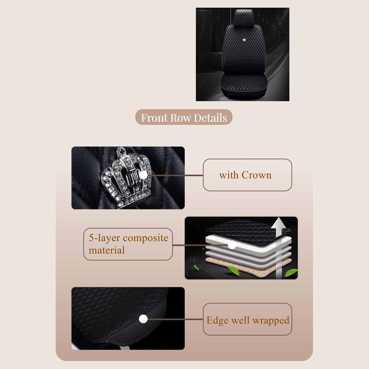 Red Rain Black Front and Rear Universal Car Seat Cover Leather Seat Cover with Crown Full Coverage 5 Seater (AA-Black)