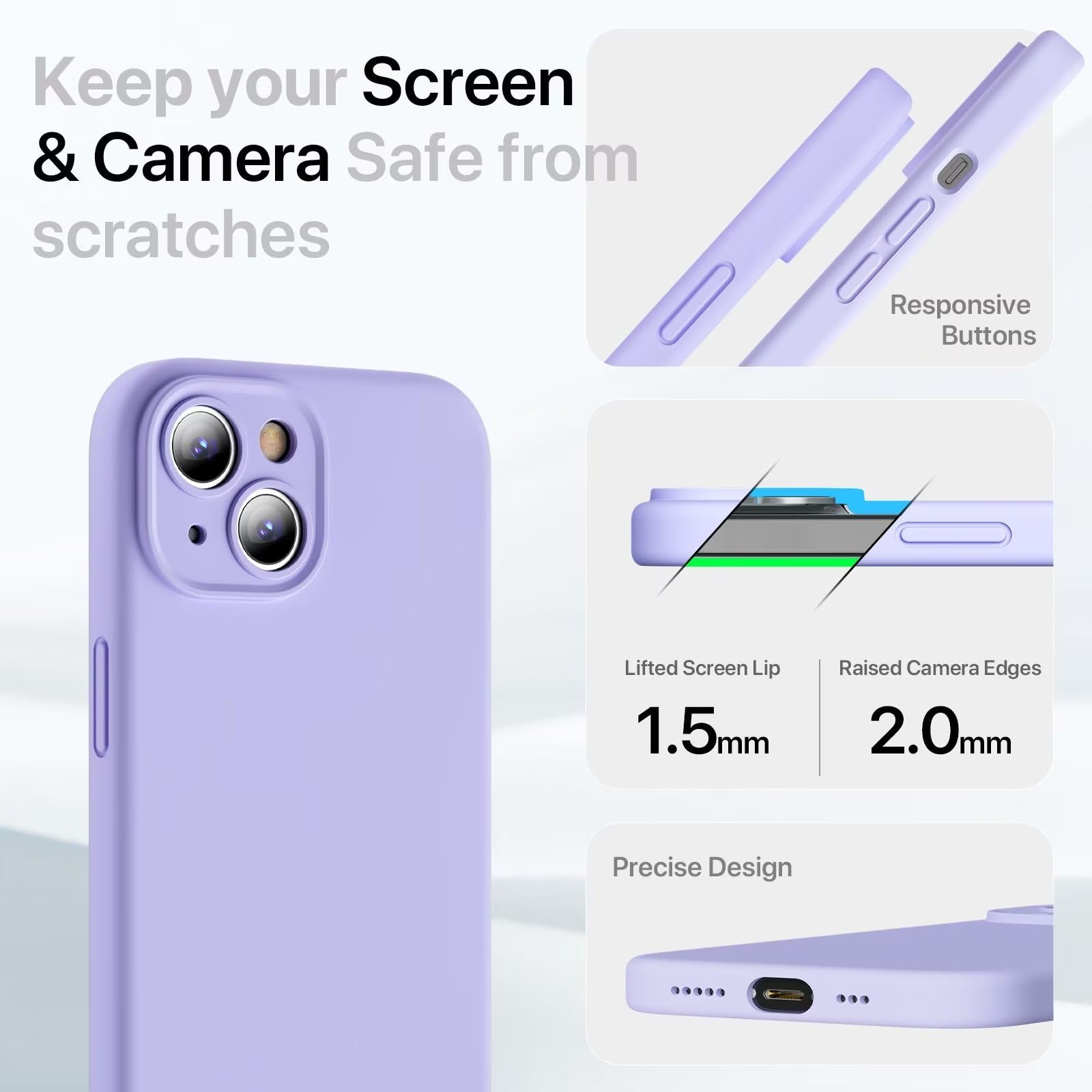 GOODVISH 3 in 1 Silicone Cover per iPhone 15 6.1" (2023), Custodia con 2 Pellicola Protettiva, Case per Cellulare Ultra Sottile Antiurto Resistente [Protezione Fotocamera], Viola