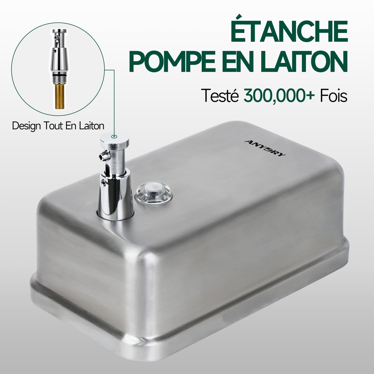 anydry Distributeur de Savon Manuel Professionnel 1100ml, Finition en Acier Inoxydable Durable, Mural pour Salle de Bain & Cuisine (Brossé)