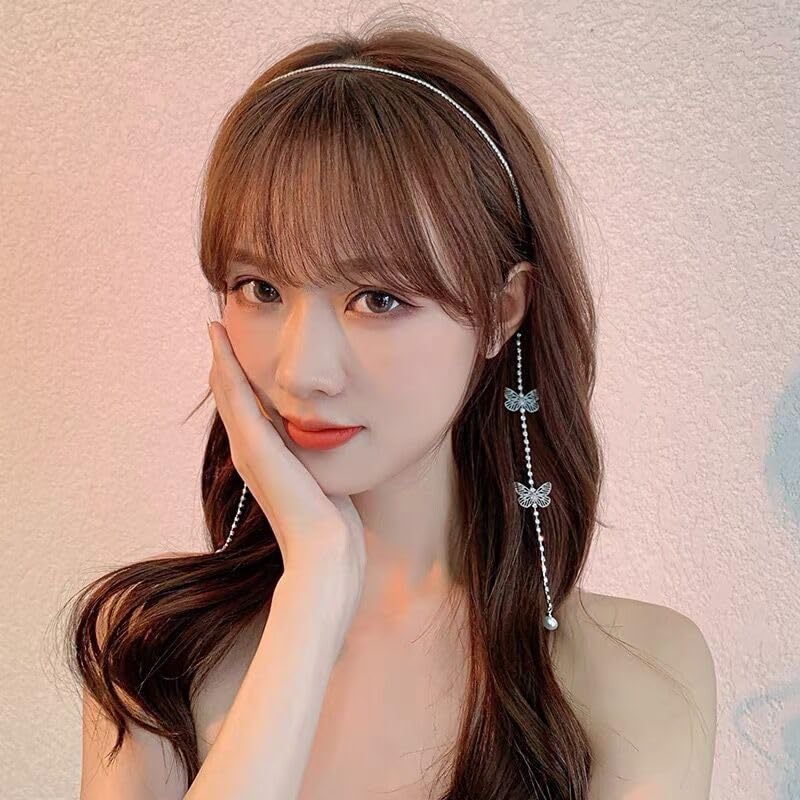 Diadema de mariposa de boda, cadena de diadema de borla plateada, banda de aro para el pelo, vendimia, accesorios para el cabello para mujeres y