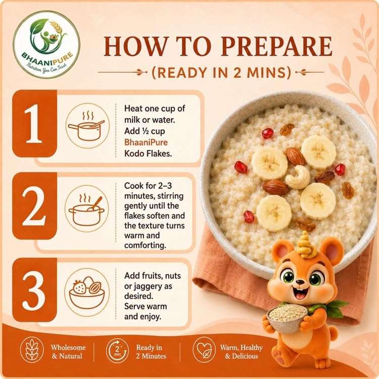 Image of Kodo Millet Flakes 250g | Gluten Free Kodo Poha Cereal | High Fiber Vegan Breakfast | Nutritious Millet Flakes