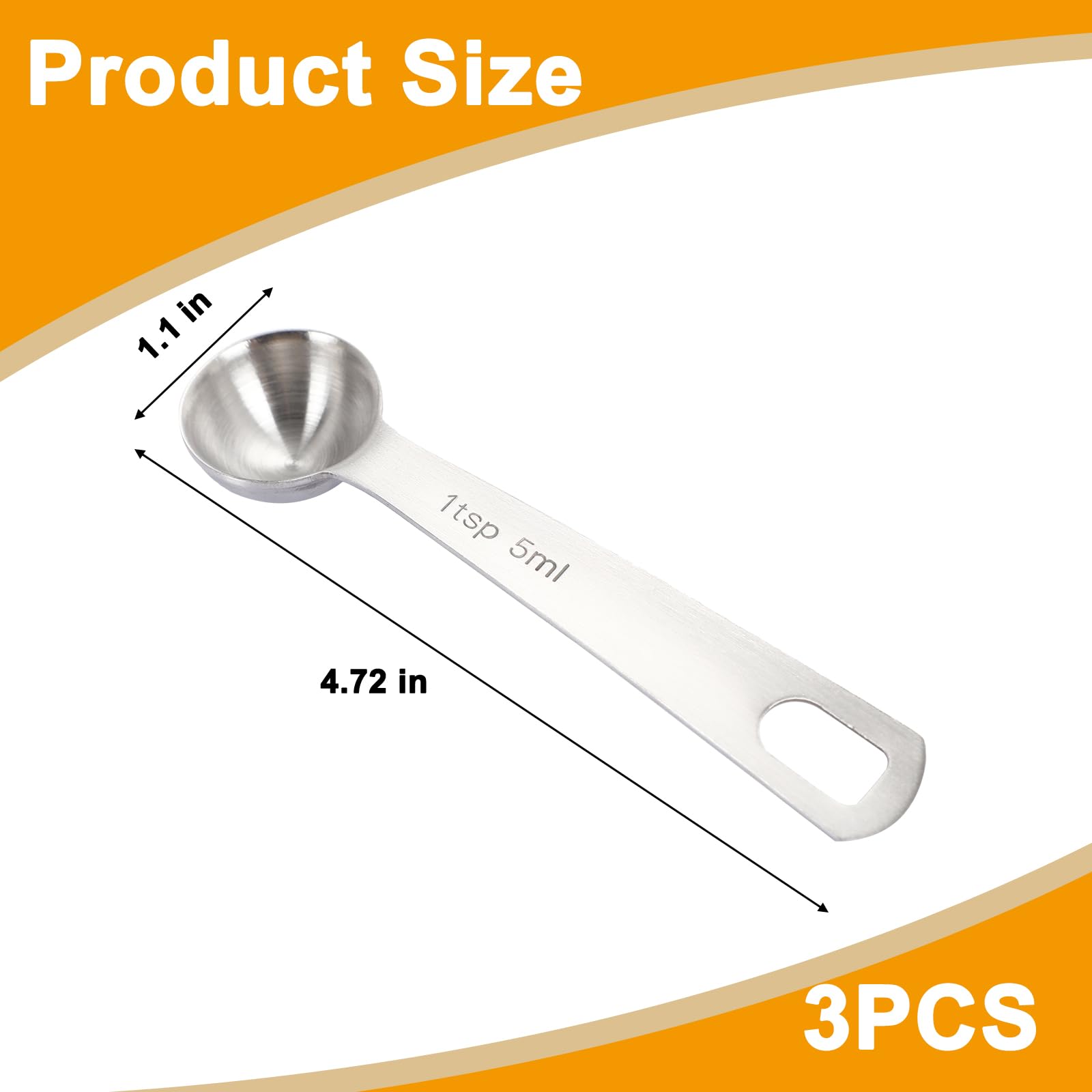 3Pcs 5ml Stainless Steel Measuring Spoons, 1 tsp scoop for Pet Food, Grains, Protein, Spices, Dry Goods, Easy to Clean, Durable Kitchen Tool (Silver)