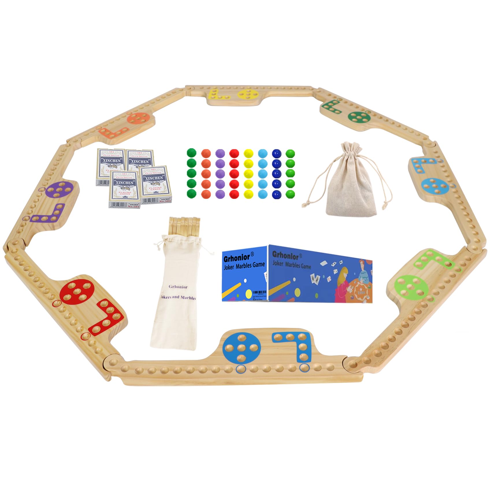 NRZSSN Jokers and Marbles Board Game Jokers Card Pegs Game for 4-8 Players 8 Solid Wood Game Boards with 40 Marbles,4 Decks of Cards for Friends and Family Party (Log)