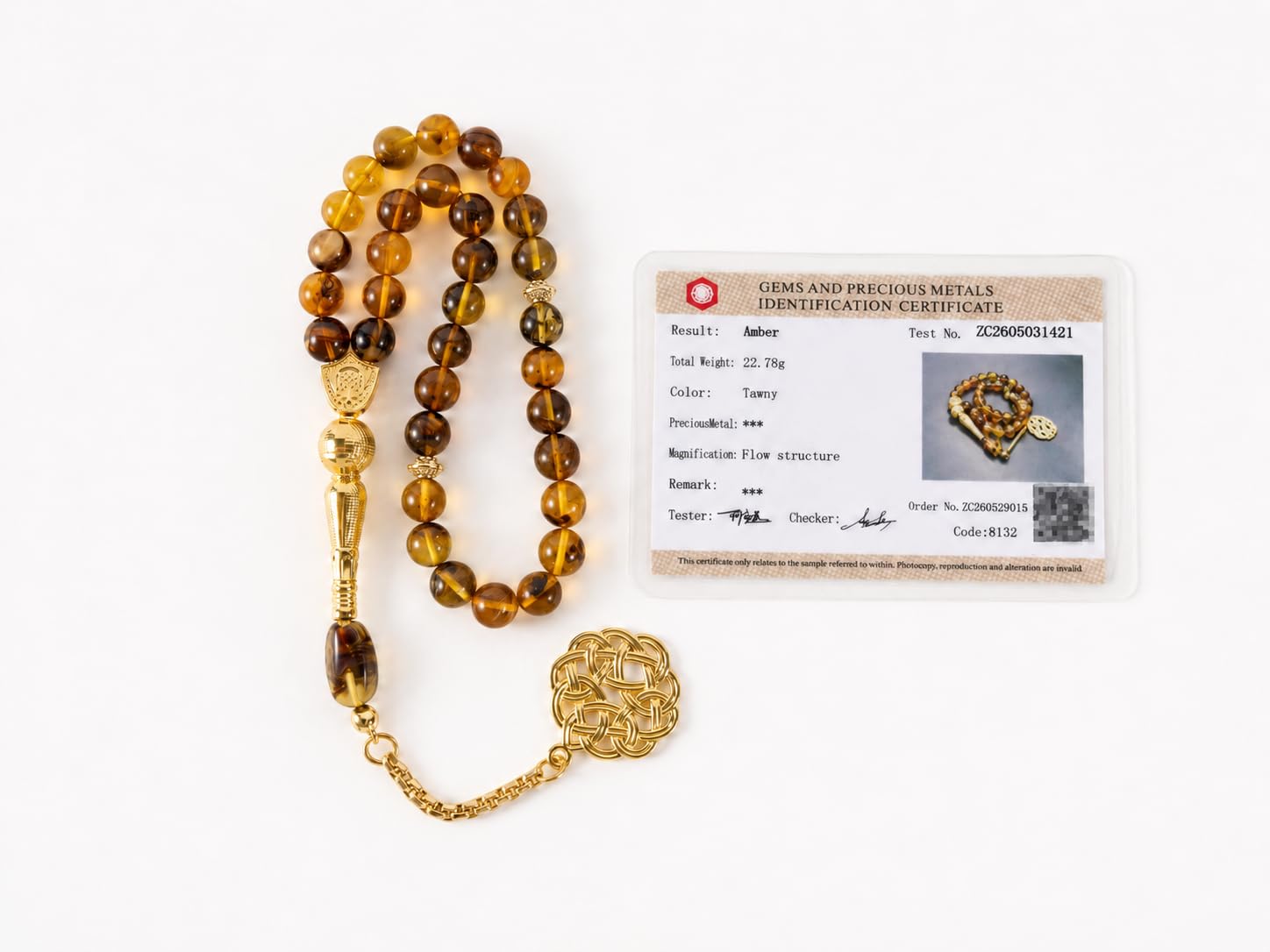 Bernstein Tasbih mit Echtheitszertifikat, 33 Perlen für Männer | Natürliche Amber Misbaha Tesbih, Islamische Gebetskette mit Geschenkbox, Ramadan Eid Hajj Geschenk