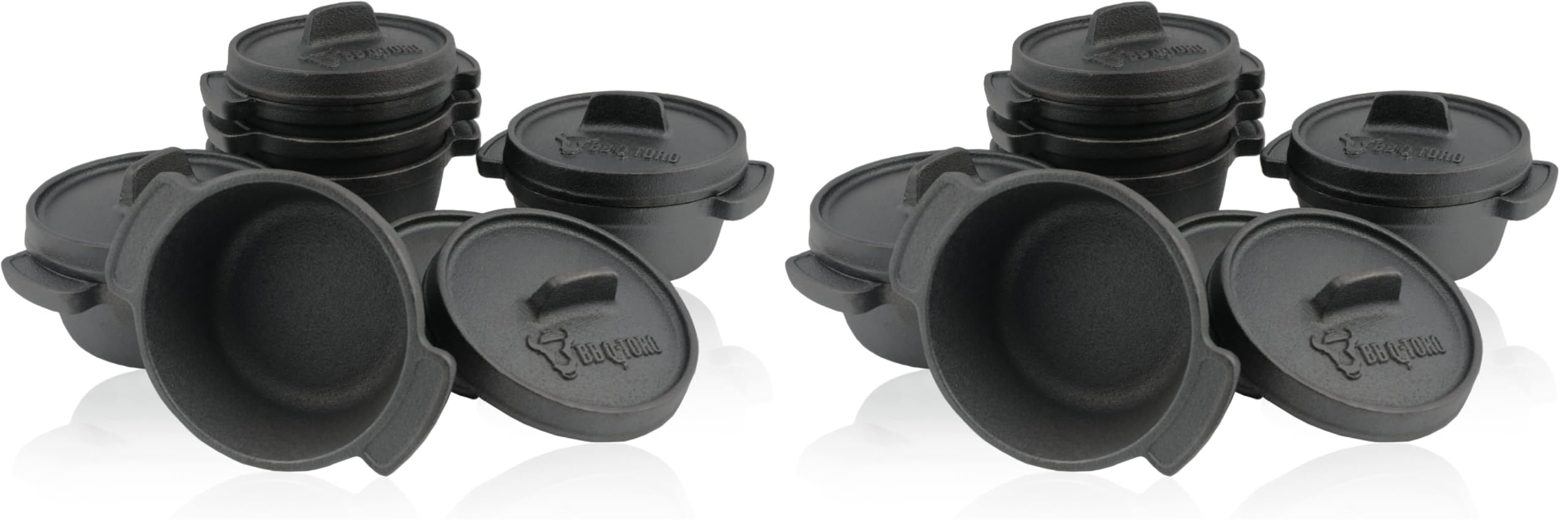 BBQ-Toro Mini Dutch Oven Set (6 Stück) Ø 11 cm | Schwarz | bereits eingebrannt - preseasoned | Runde Gusseisen Serviertöpfe| Kochtopf, Bräter & Gusstopf (Packung mit 2)
