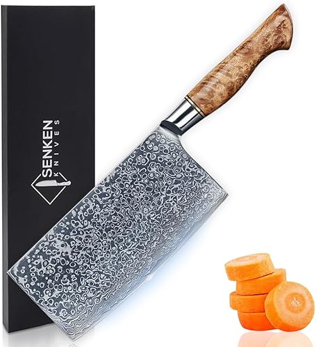 SENKEN - Cuchillo de carnicero de acero de Damasco de 7 pulgadas, colección Dynasty, acero japonés VG10 de 67 capas con mango de madera de sicomoro,