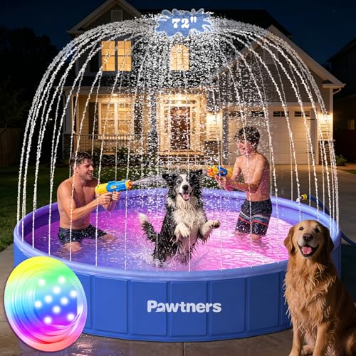 Pawtners Foldable Dog Pool with Sprinkler & RGB LED Light 72 Collapsible Hard Plastic Swimming Pool for Small Large Dogs Cats and Kids Portable Pet Bathing Tub Wading Pool for Backyard Camping Blue