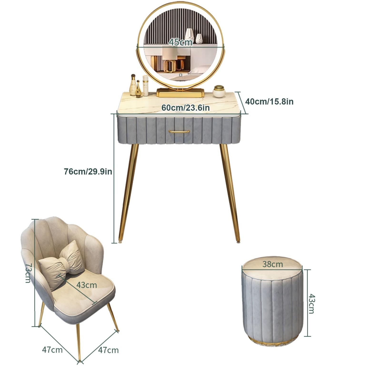Set da toeletta in legno con illuminazione a LED, sgabello imbottito e mobiletto laterale, elegante tavolo da toeletta per camera da letto, perfetto per ragazze e donne (60 cm / 23.6in)