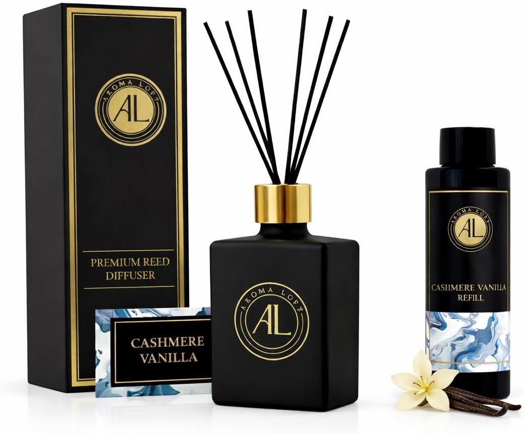Reed Diffuser – Fragrance Diffuser for Home – Reed Diffuser Sticks in Oil Set – Premium Fragrance – Cashmere Vanilla Scent – Bathroom & Office Smell Good Stuff with Oil Refill