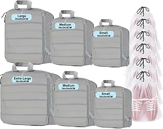 QiYiCAT Packing Cubes Compression 6-teiliges, Packwürfel Kompression mit Doppelreißverschluss & transparenter Mesh-Einsicht, Set mit 6 extra großen Schuhbeuteln (12er Set Grau – 5 verschiedene Größen)