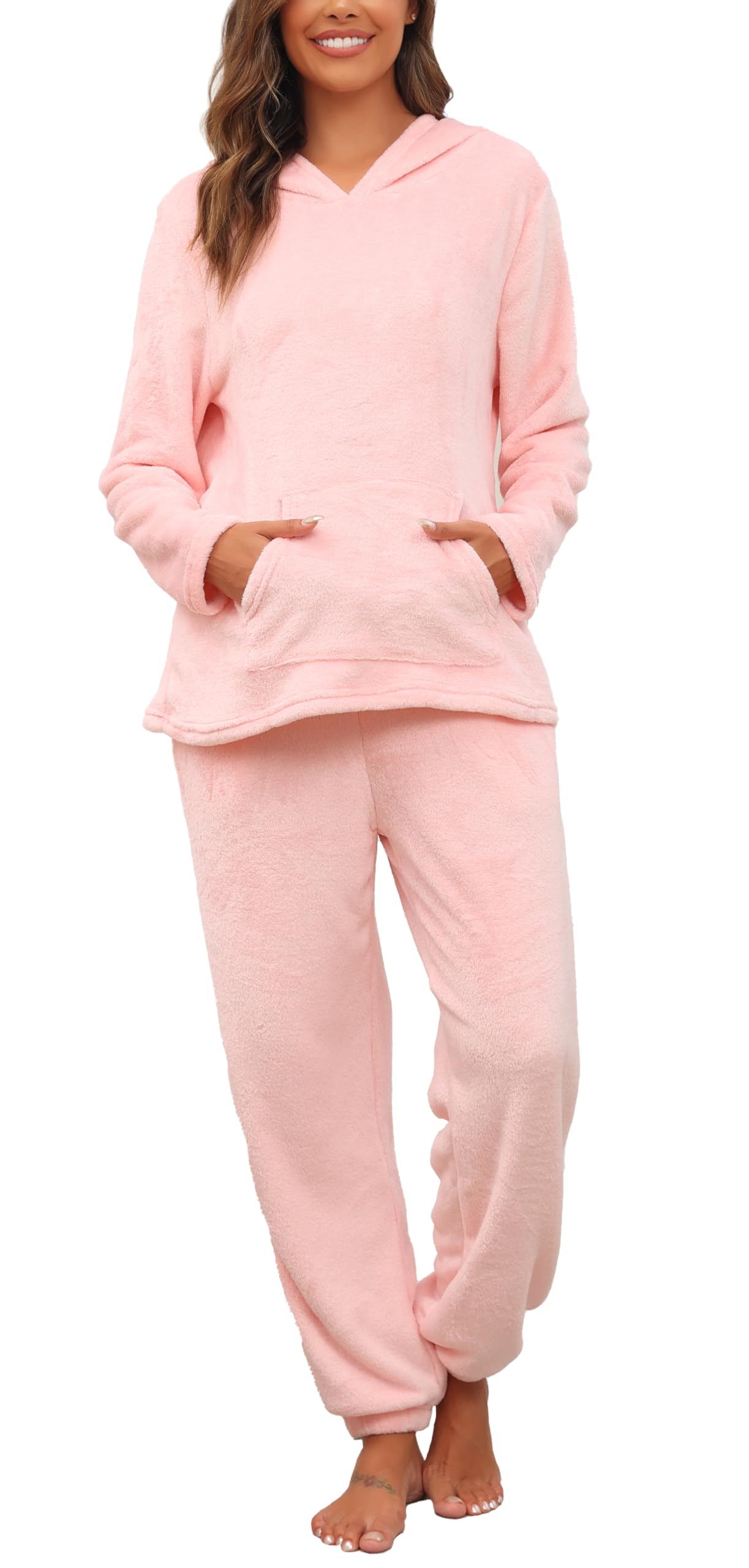 Lovasy Fleece Schlafanzug Damen Lang Winter Warmer Pyjama Set Flauschiger Frottee Schlafanzüge für Damen mit Taschen