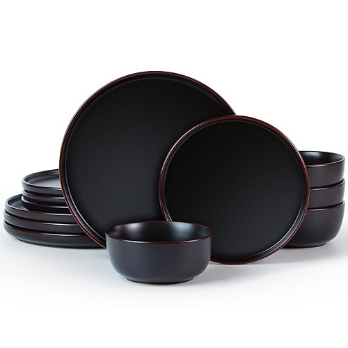 Famiware Mercury Plates and Bowls Sets, 12 Pieces Stoneware Dinnerware Sets, Dishes Set for 4, Microwave and Dishwasher Safe, Black - Matte Black - 12-Pieces