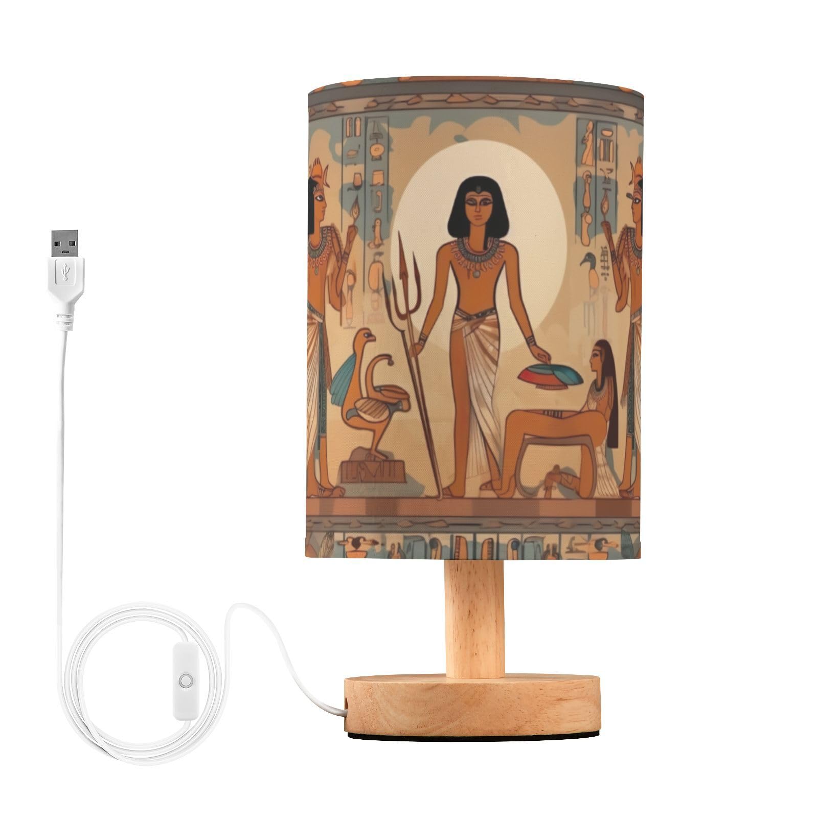 xigua Egyptian Gods Bedside Table Lamp, Nightstand Lamp with Linen Fabric Shade - Wooden LED Desk Lamps for Bedrooms, Study Room, Home, College Dorm, Office