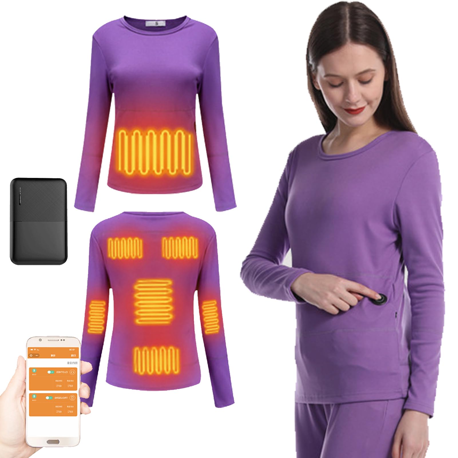 TOVCHEI USB Electric Heated Underwear Smart APP Controls Temperature Women's Heated Thermal Base Underwear for Outdoor Skiing,Purple a,S