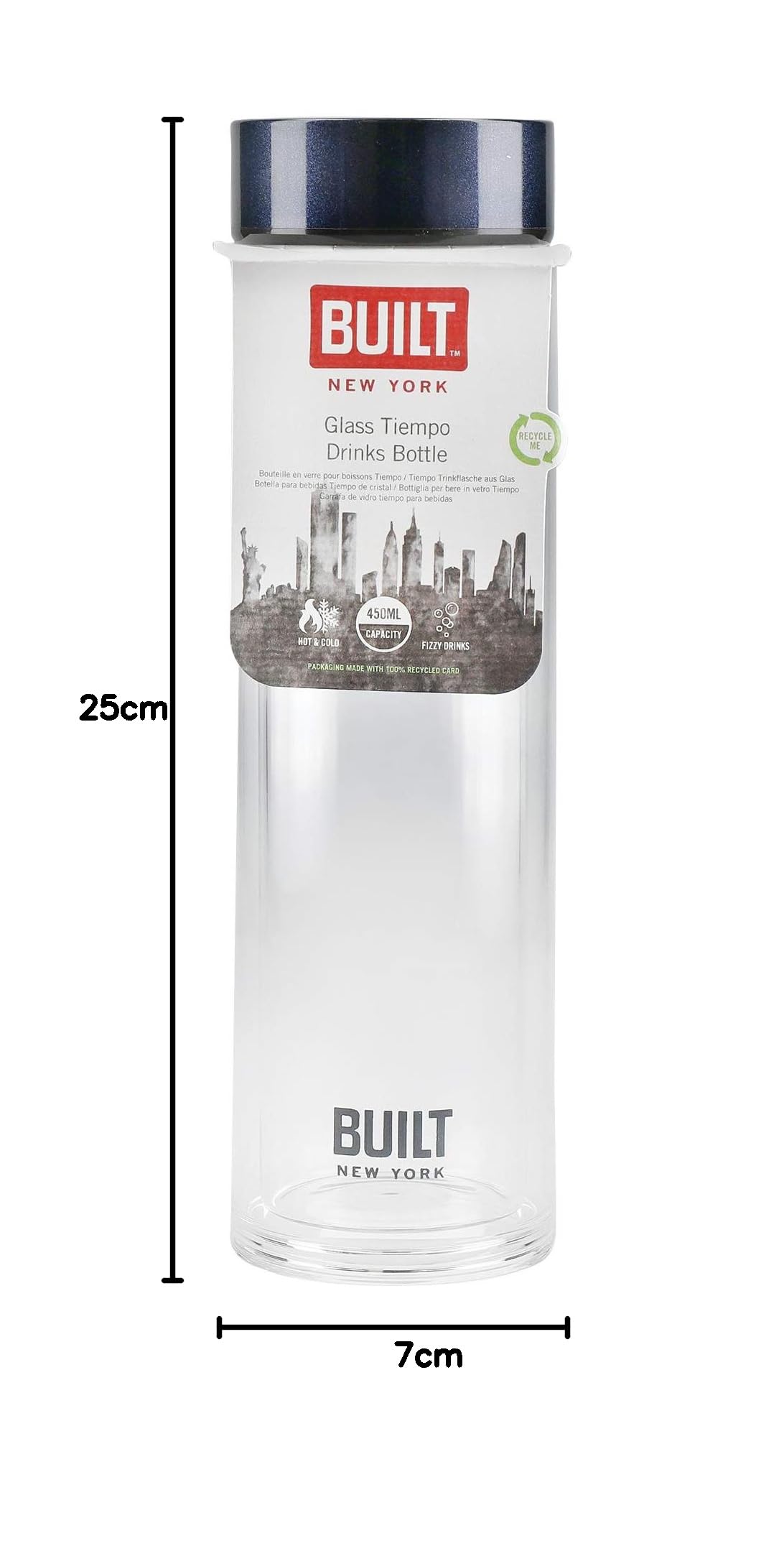 BUILT Tiempo Isolierte Glas-Wasserflasche, BPA-freies Borosilikatglas / Edelstahlflasche, Mitternachtsblau, 450 ml