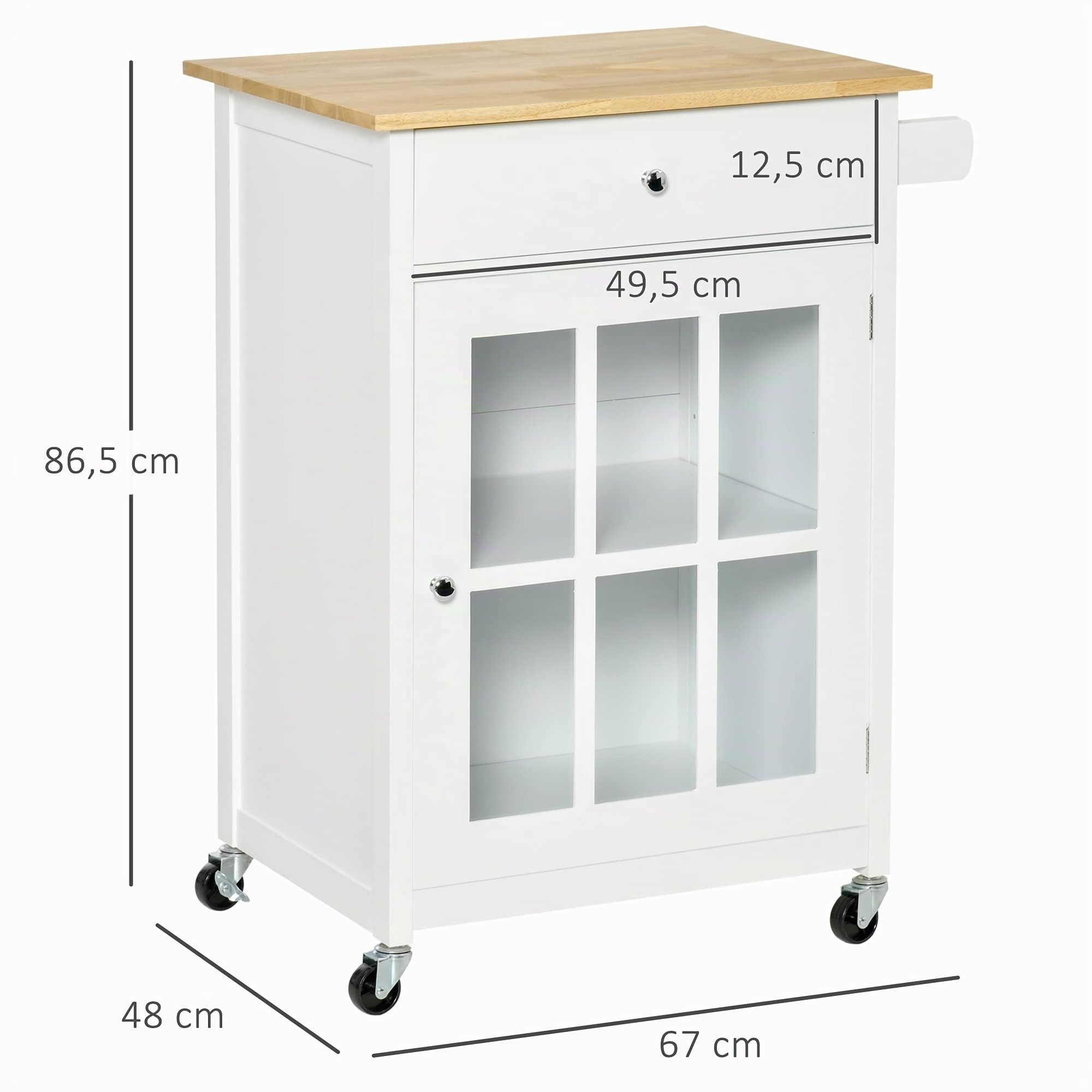 HOMCOM - Postre de Cocina con Ruedas, Armario de Color Blanco | Multi-almacenamiento, puerta de cristal con estante ajustable, cajón, portapaños