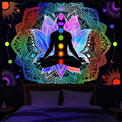 Seven Chakra Tapestry, Blacklight UV Reactive Meditation and Spiritual Yoga Tapestries Posters Vertical, Hippie Mandala Trippy Tapestry Wall Hanging for Bedroom College Dorm Glows in the Dark