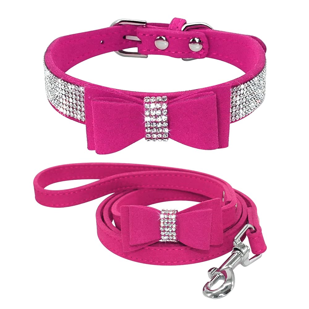 Beirui Rhinestone Bling Leather Dog Collar and Leash Set - Soft Flocking Sparkly Crystal Diamonds Studded - Cute Double Bowknot Cat Collar with 4 Foot